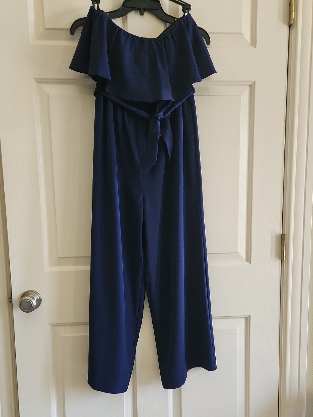 Worthington Navy Off-Shoulder Wide-Leg Jumpsuit with Waist Tie